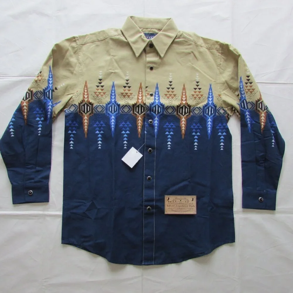 Panhandle Youth Boy's Long Sleeve Western Border Print Snap Shirt Navy/Khaki
